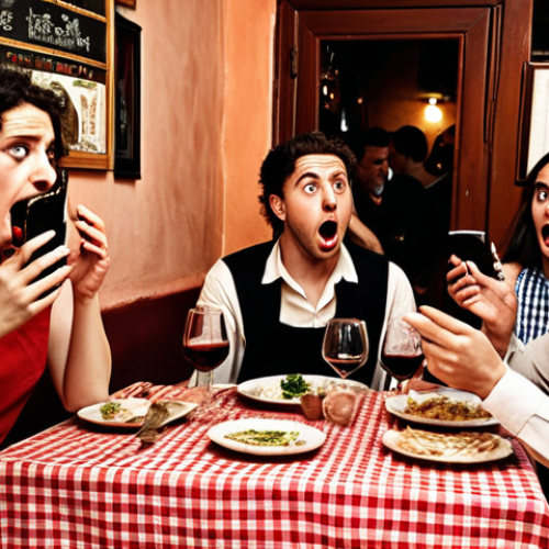 **Image Prompt:** A chaotic Italian dinner scene. Friends are arguing intensely over a conspiracy theory on a smartphone. Wine glasses are overturned, and faces show anger and disbelief. The setting is a cozy, traditional Italian trattoria, with red-and-white checkered tablecloths. The overall mood is tense and unsettling.