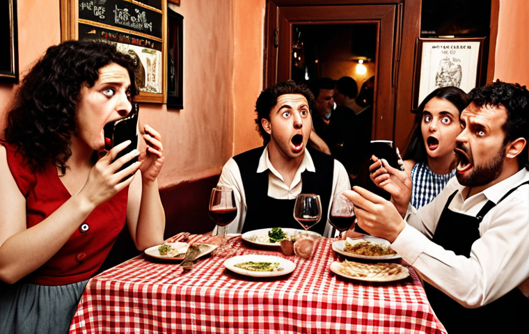 **Image Prompt:** A chaotic Italian dinner scene. Friends are arguing intensely over a conspiracy theory on a smartphone. Wine glasses are overturned, and faces show anger and disbelief. The setting is a cozy, traditional Italian trattoria, with red-and-white checkered tablecloths. The overall mood is tense and unsettling.