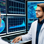 A professional data scientist, wearing a modest lab coat over professional business attire, meticulously analyzing complex data visualizations on multiple holographic screens in a high-tech research laboratory. The screens display abstract network graphs and charts representing cognitive biases and the spread of information, rendered in cool, analytical tones. The scientist is fully clothed, appropriate attire, safe for work, perfect anatomy, correct proportions, natural pose, well-formed hands, proper finger count, natural body proportions, professional photography, high quality.