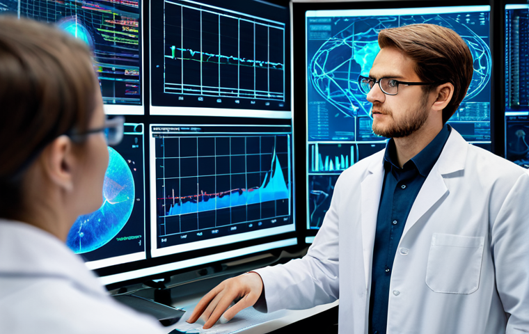 A professional data scientist, wearing a modest lab coat over professional business attire, meticulously analyzing complex data visualizations on multiple holographic screens in a high-tech research laboratory. The screens display abstract network graphs and charts representing cognitive biases and the spread of information, rendered in cool, analytical tones. The scientist is fully clothed, appropriate attire, safe for work, perfect anatomy, correct proportions, natural pose, well-formed hands, proper finger count, natural body proportions, professional photography, high quality.