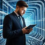 A thoughtful professional person in a modest business attire, standing amidst a complex, abstract digital labyrinth of interconnected screens and flowing data streams, symbolizing the overwhelming nature of online information. The background features blurred, chaotic digital elements with a subtle glow, representing the rapid spread of diverse news and potential misinformation. The person holds a tablet, their gaze fixed on its screen, reflecting a moment of critical evaluation. perfect anatomy, correct proportions, natural pose, well-formed hands, proper finger count, professional photography, high detail, volumetric lighting, safe for work, appropriate content, fully clothed, professional.