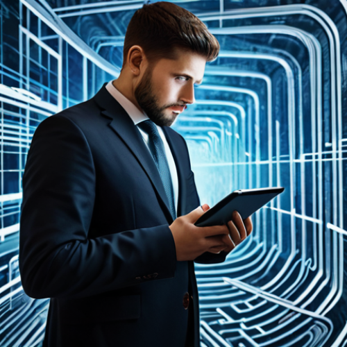 A thoughtful professional person in a modest business attire, standing amidst a complex, abstract digital labyrinth of interconnected screens and flowing data streams, symbolizing the overwhelming nature of online information. The background features blurred, chaotic digital elements with a subtle glow, representing the rapid spread of diverse news and potential misinformation. The person holds a tablet, their gaze fixed on its screen, reflecting a moment of critical evaluation. perfect anatomy, correct proportions, natural pose, well-formed hands, proper finger count, professional photography, high detail, volumetric lighting, safe for work, appropriate content, fully clothed, professional.