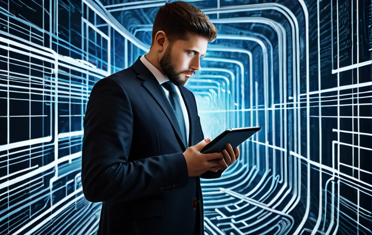 A thoughtful professional person in a modest business attire, standing amidst a complex, abstract digital labyrinth of interconnected screens and flowing data streams, symbolizing the overwhelming nature of online information. The background features blurred, chaotic digital elements with a subtle glow, representing the rapid spread of diverse news and potential misinformation. The person holds a tablet, their gaze fixed on its screen, reflecting a moment of critical evaluation. perfect anatomy, correct proportions, natural pose, well-formed hands, proper finger count, professional photography, high detail, volumetric lighting, safe for work, appropriate content, fully clothed, professional.