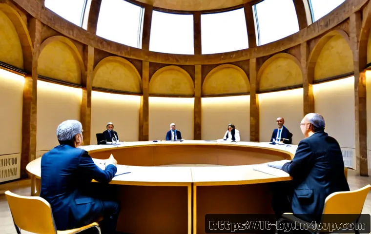 가짜뉴스를 주제로 한 토론회 - Photorealistic Italian public forum on misinformation, diverse adult panelists seated at a semicircu...